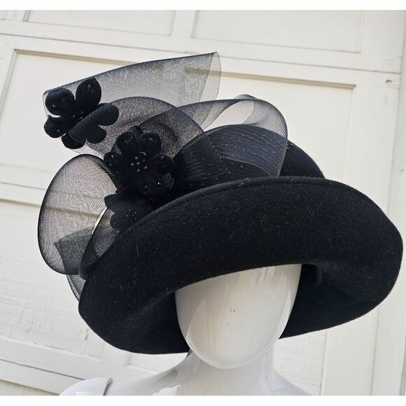 Signature Deborah Black Felt Kettle Brim Hat Sz 22.5" Crinoline Black Rhinestone - Picture 1 of 11